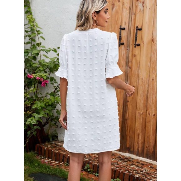 Summer Dot White Dresses for Women V Neck Ruffle Short Sleeve Casual Shift Dress - Picture 4 of 6